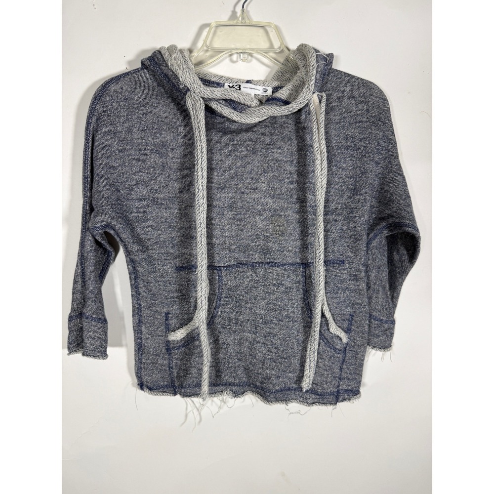 Y-3 Yohji Yamamoto Adidas Blue Marl Cropped Raw Hem Hoodie Small